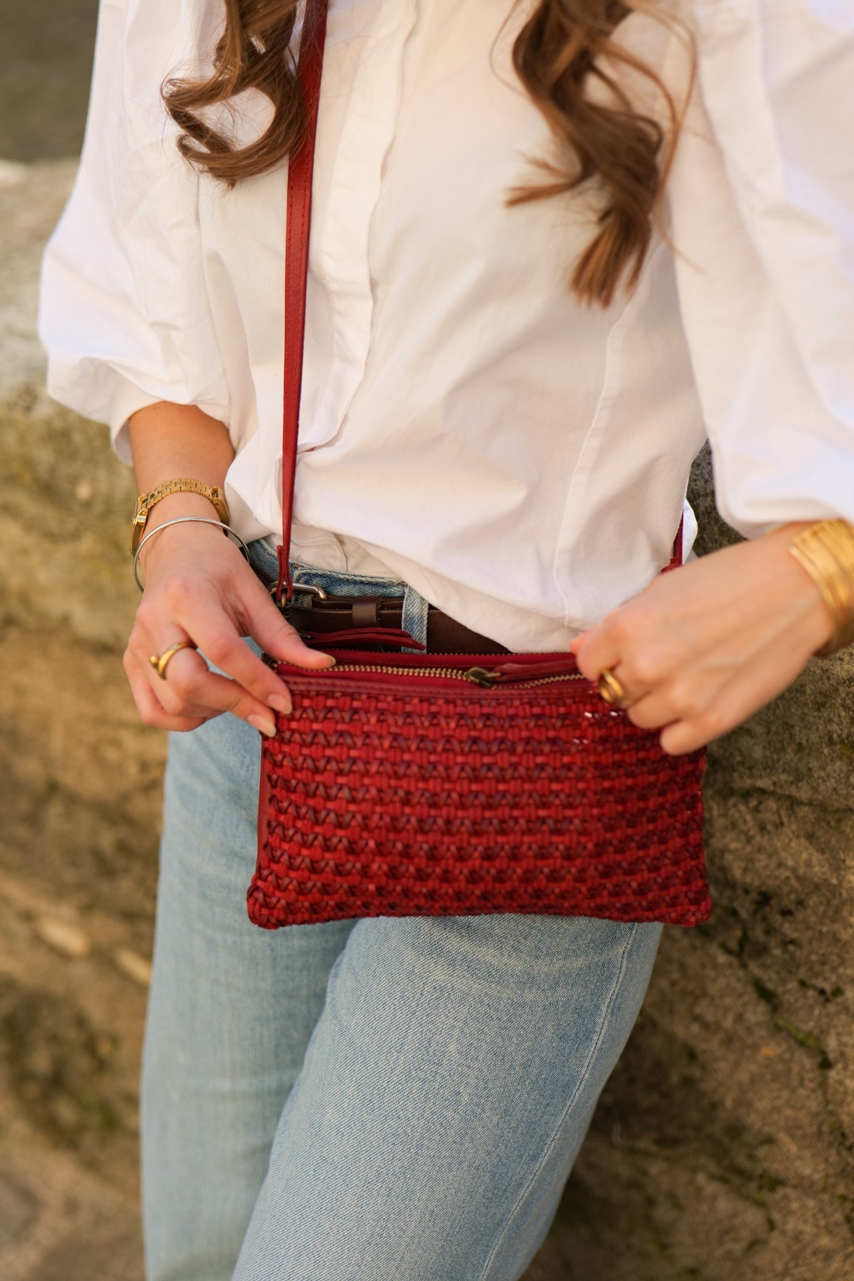 Mini sac BIBA Mullen en cuir tressé bordeaux pour la soirée