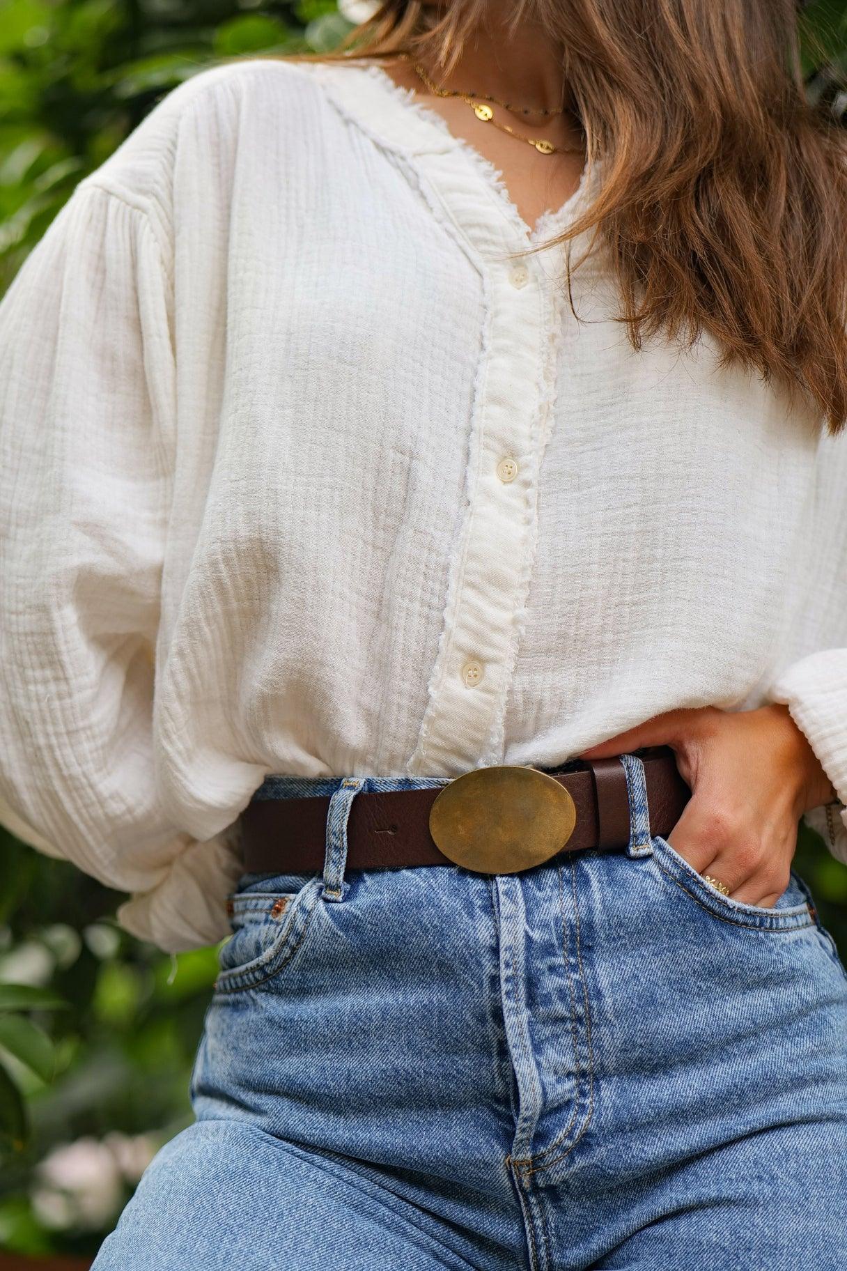 Ceinture en cuir marron et boucle plaque ovale dorée - Nappa maroquinerie