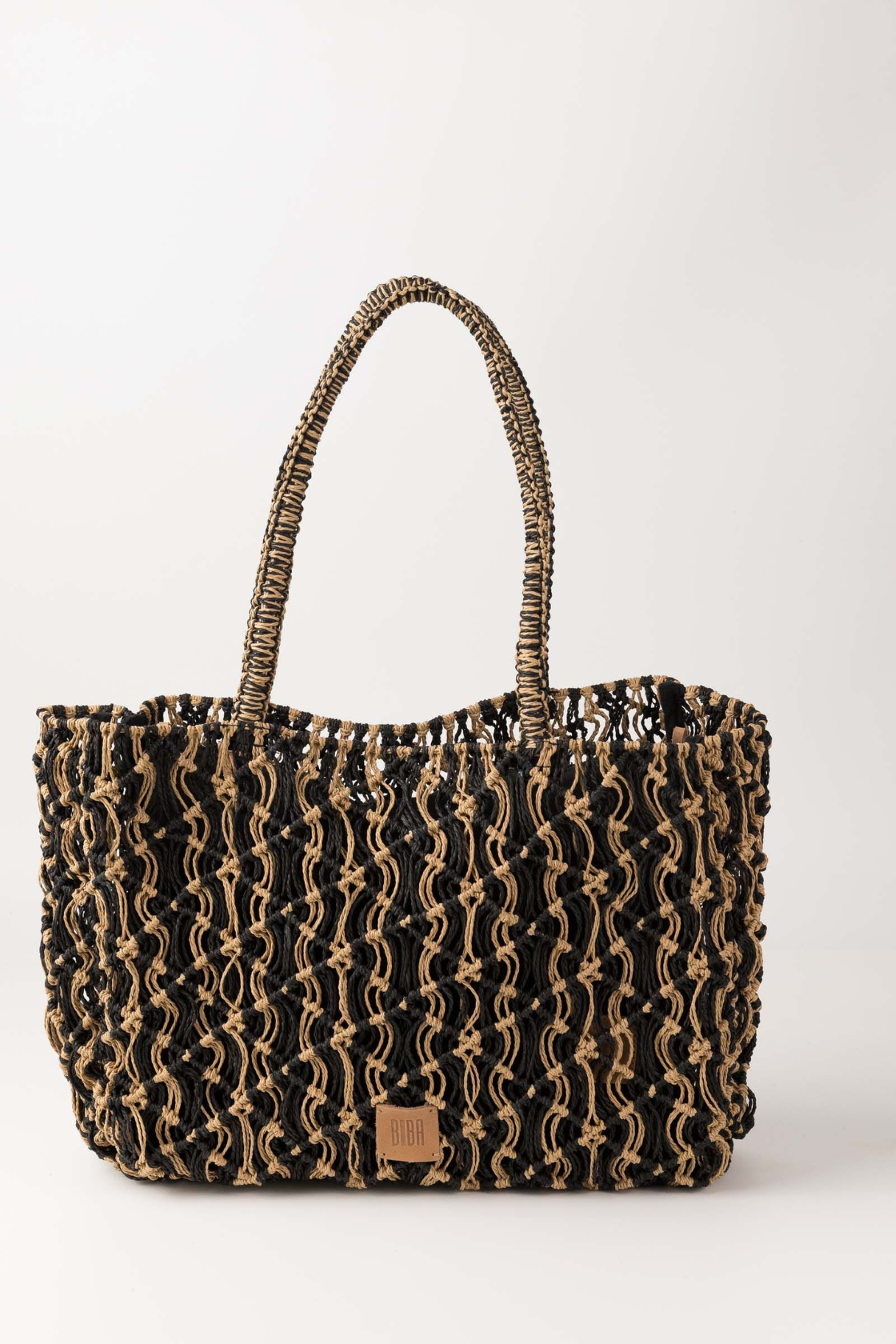 Grand sac cabas femme raphia macramé Sodwana XL noir et beige Biba, vue de face