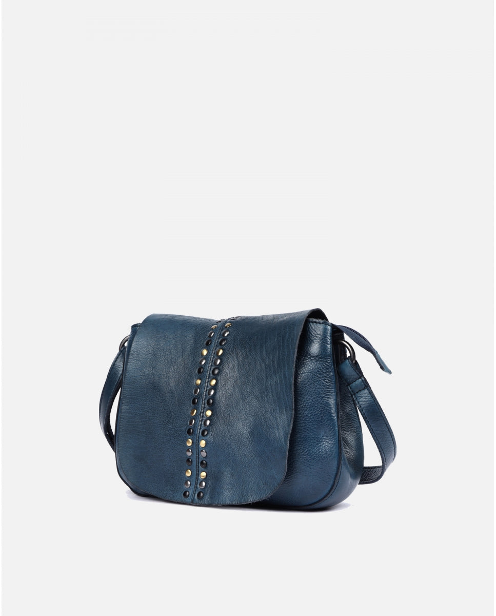 Sac bandoulière Hancock HAK2L en cuir clouté bleu vu de cote