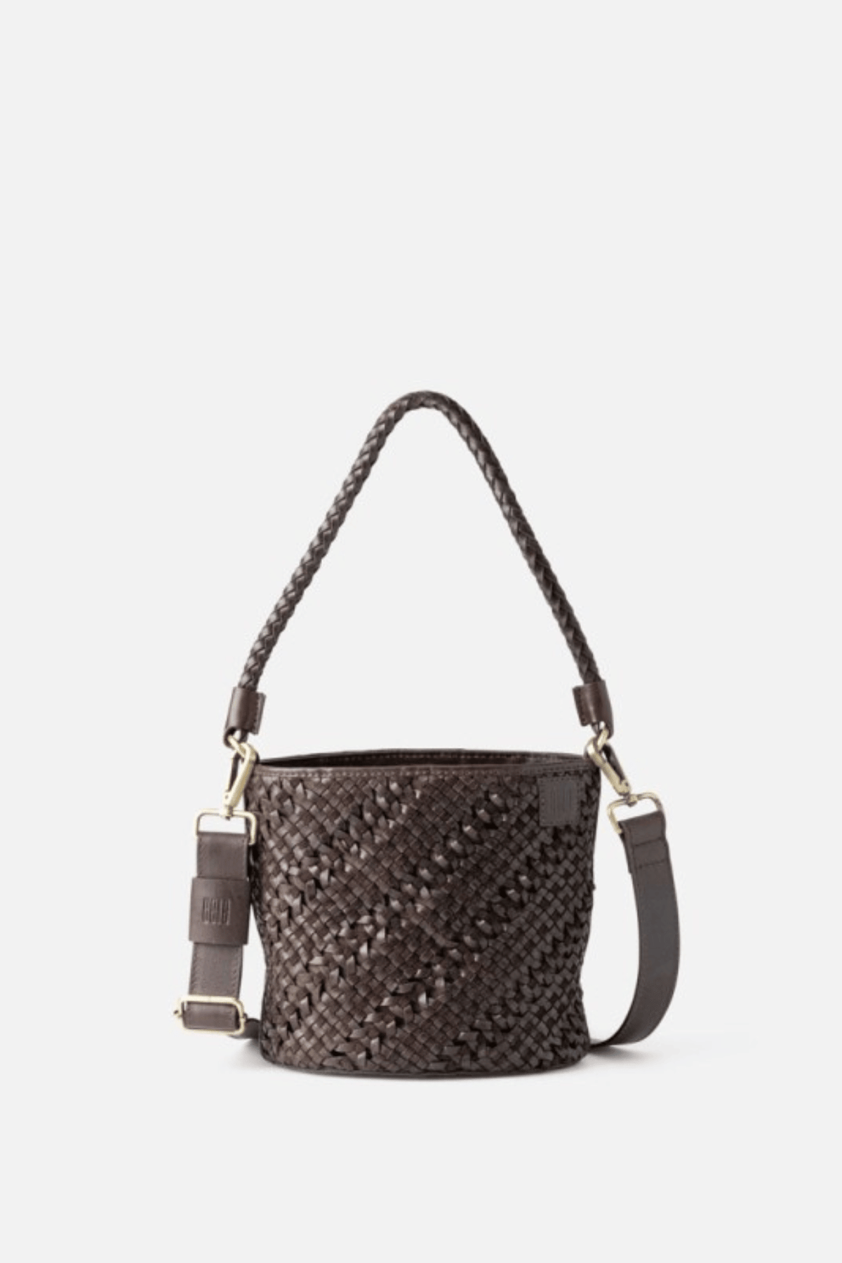 Petit sac seau en cuir tressé marron foncé Biba Selma, anse tressée et bandoulière amovible