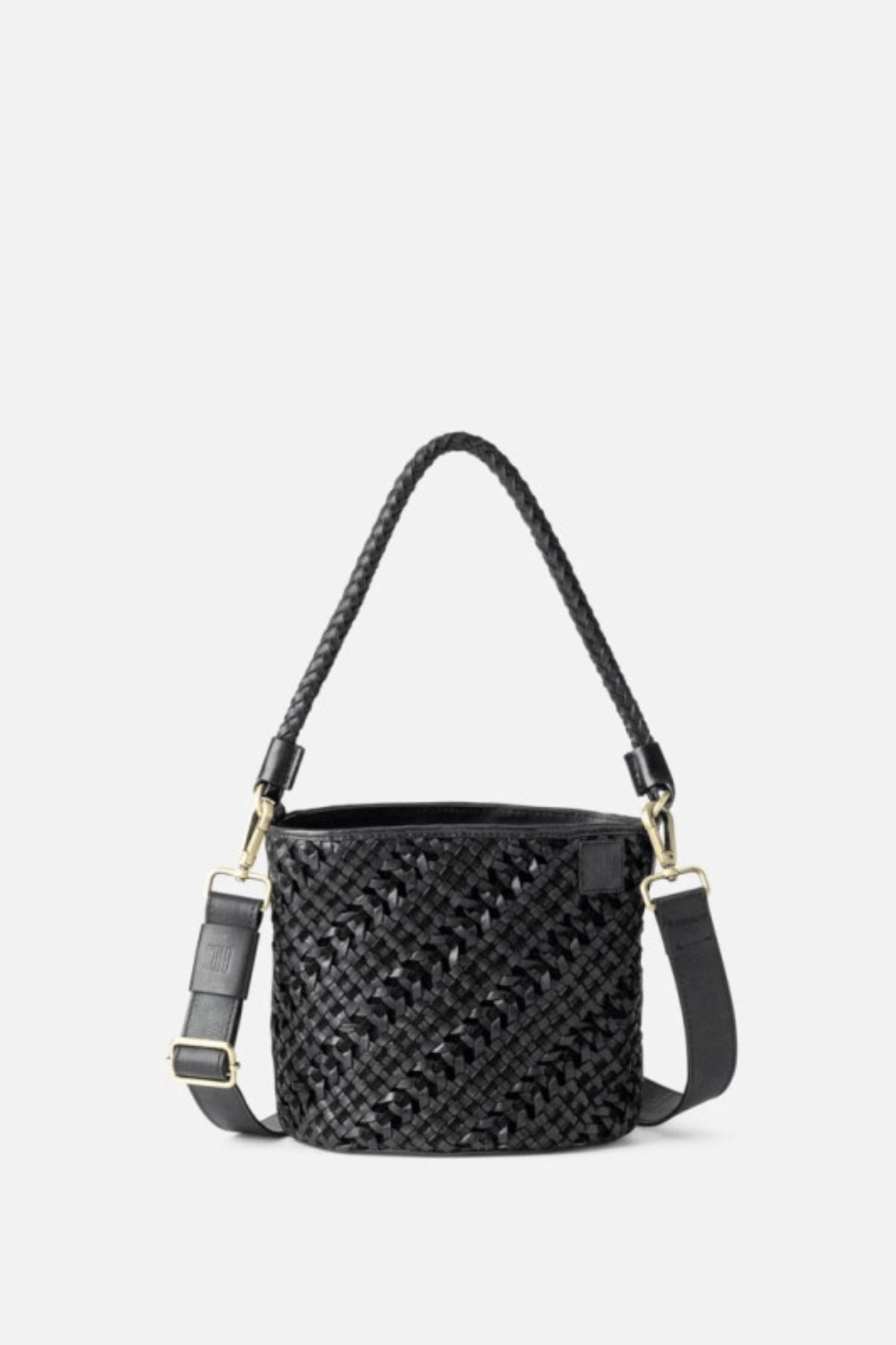 Petit sac seau en cuir tressé noir Biba Selma, vue de face, anse courte tressée
