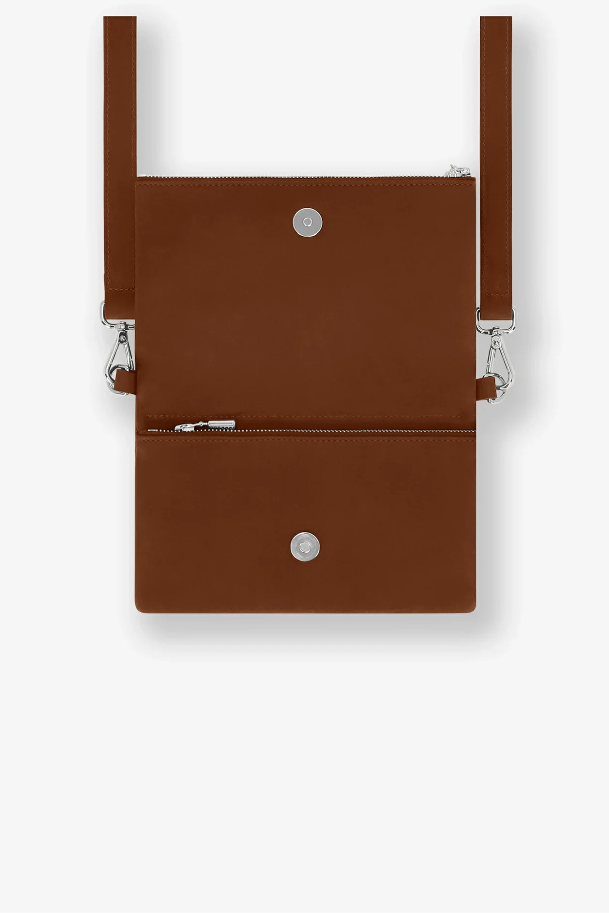 Intérieur ouvert de la pochette Mycène marron avec ses 3 poches zippées et pliage magnétique