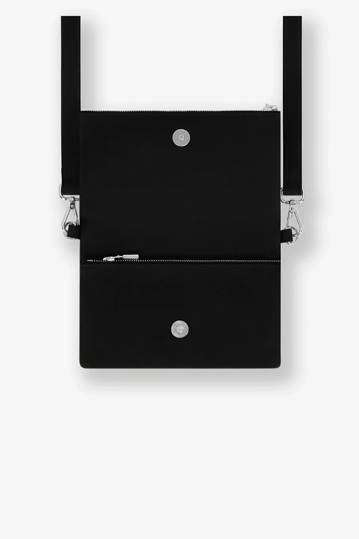 Intérieur ouvert de la pochette Mycène noire avec ses trois poches zippées YKK