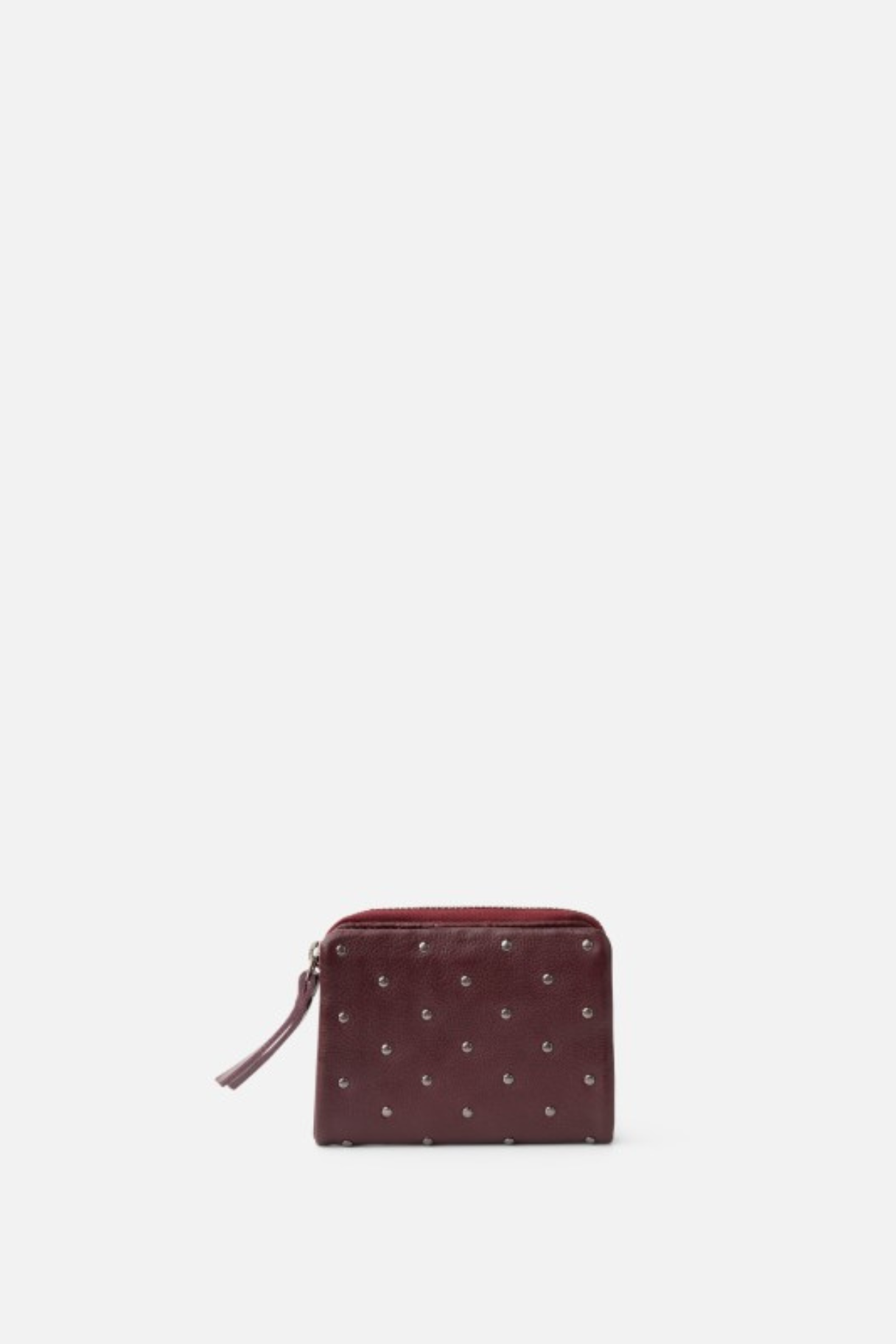 Porte-monnaie BIBA en cuir bordeaux à clous métalliques, modèle compact zippé