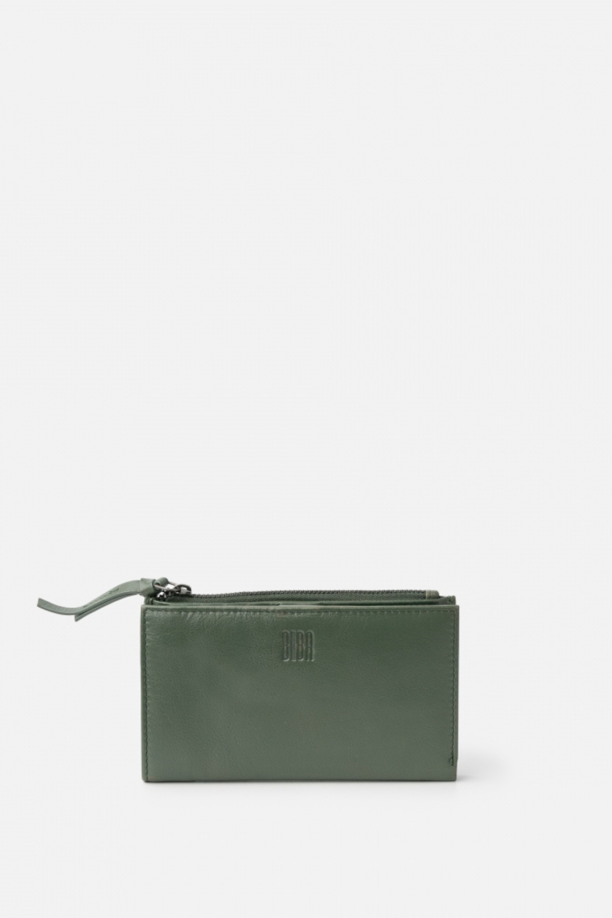 Portefeuille BIBA en cuir vert kaki avec fermeture zippée et logo embossé