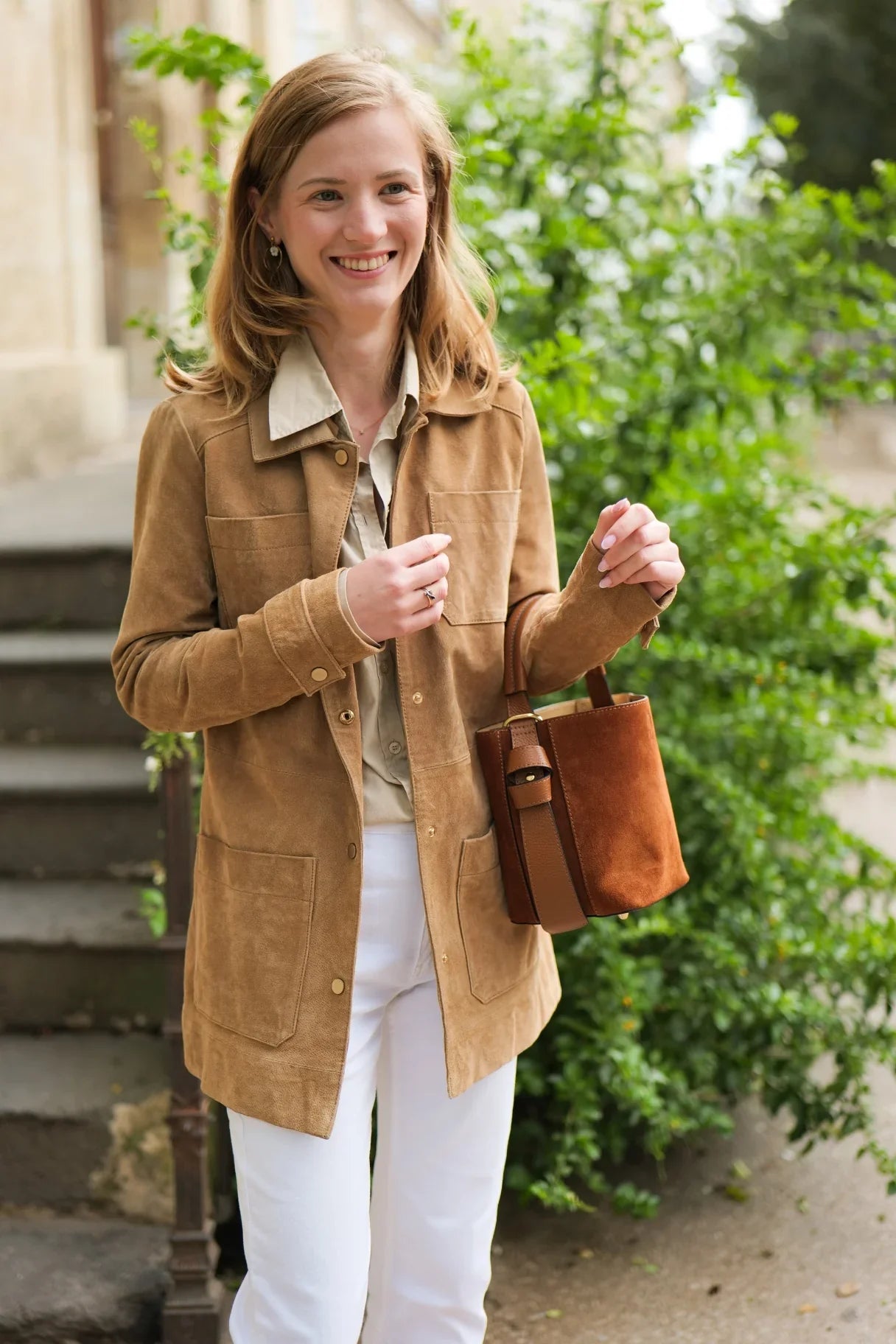 Sac Arlo en daim et en cuir - couleur cognac
