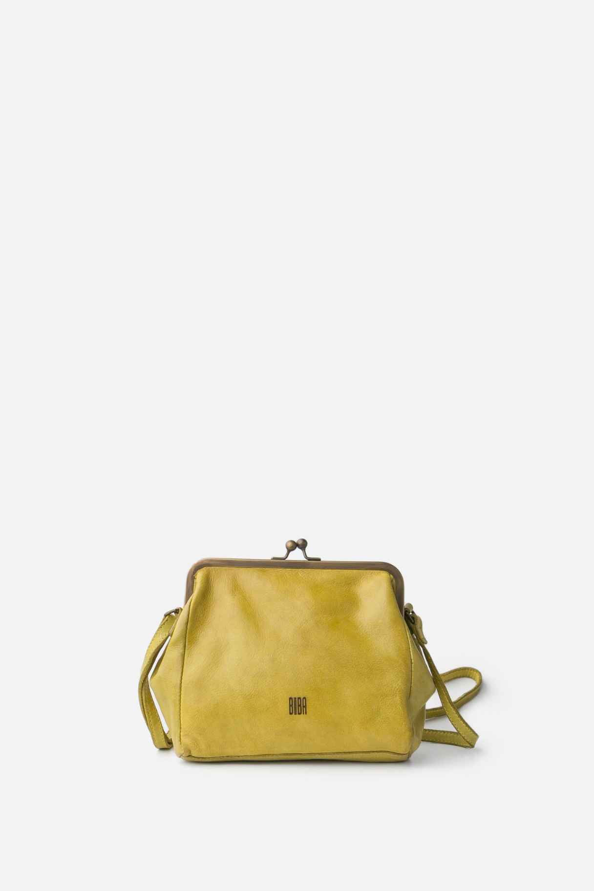 ac bandoulière BIBA en cuir jaune avec fermoir clic-clac rétro et logo embossé, modèle compact femme