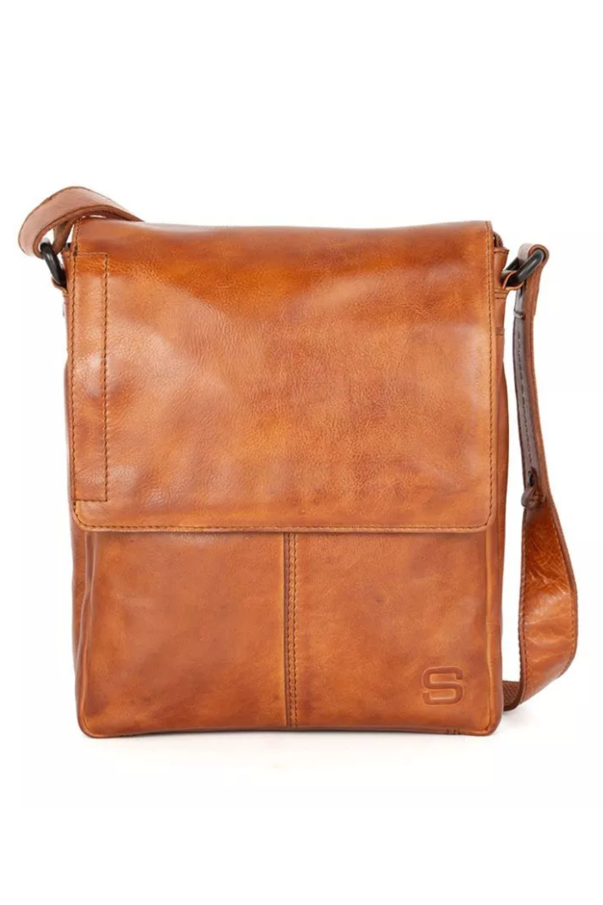 Sac bandoulière homme Spikes & Sparrow Stan en cuir Apache coloris brandy, vue de face avec rabat