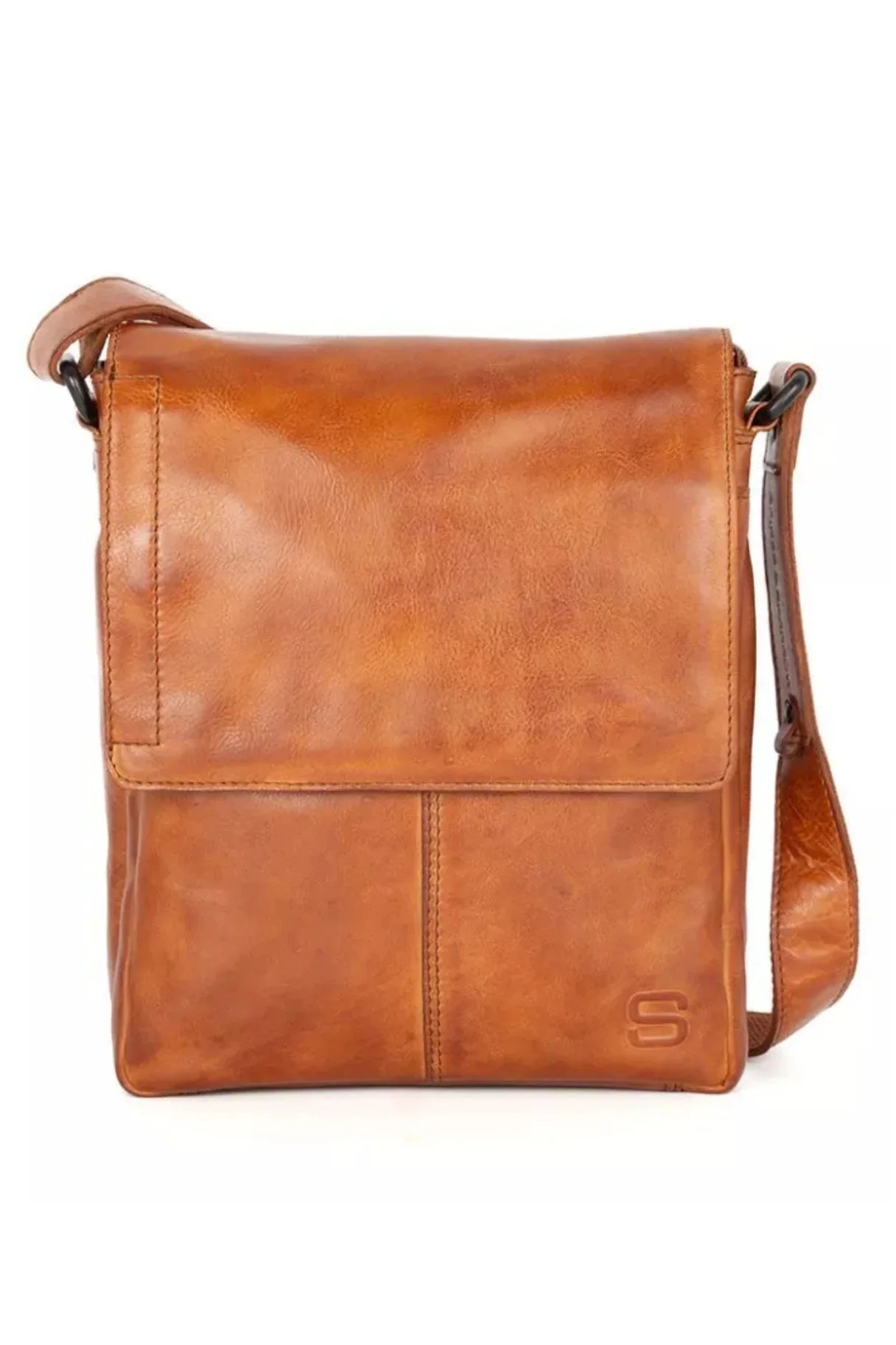 Sac bandoulière homme Spikes & Sparrow Stan en cuir Apache coloris brandy, vue de face avec rabat