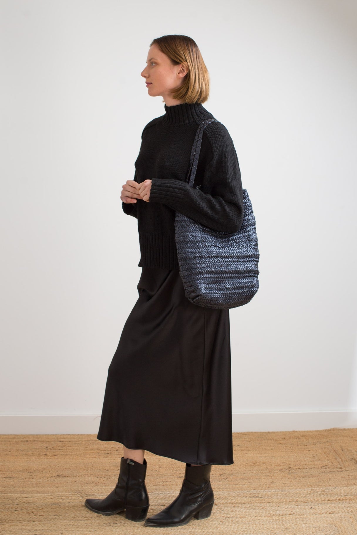 Biba Ruby - cabas tressé anthracite - Nappa maroquinerie