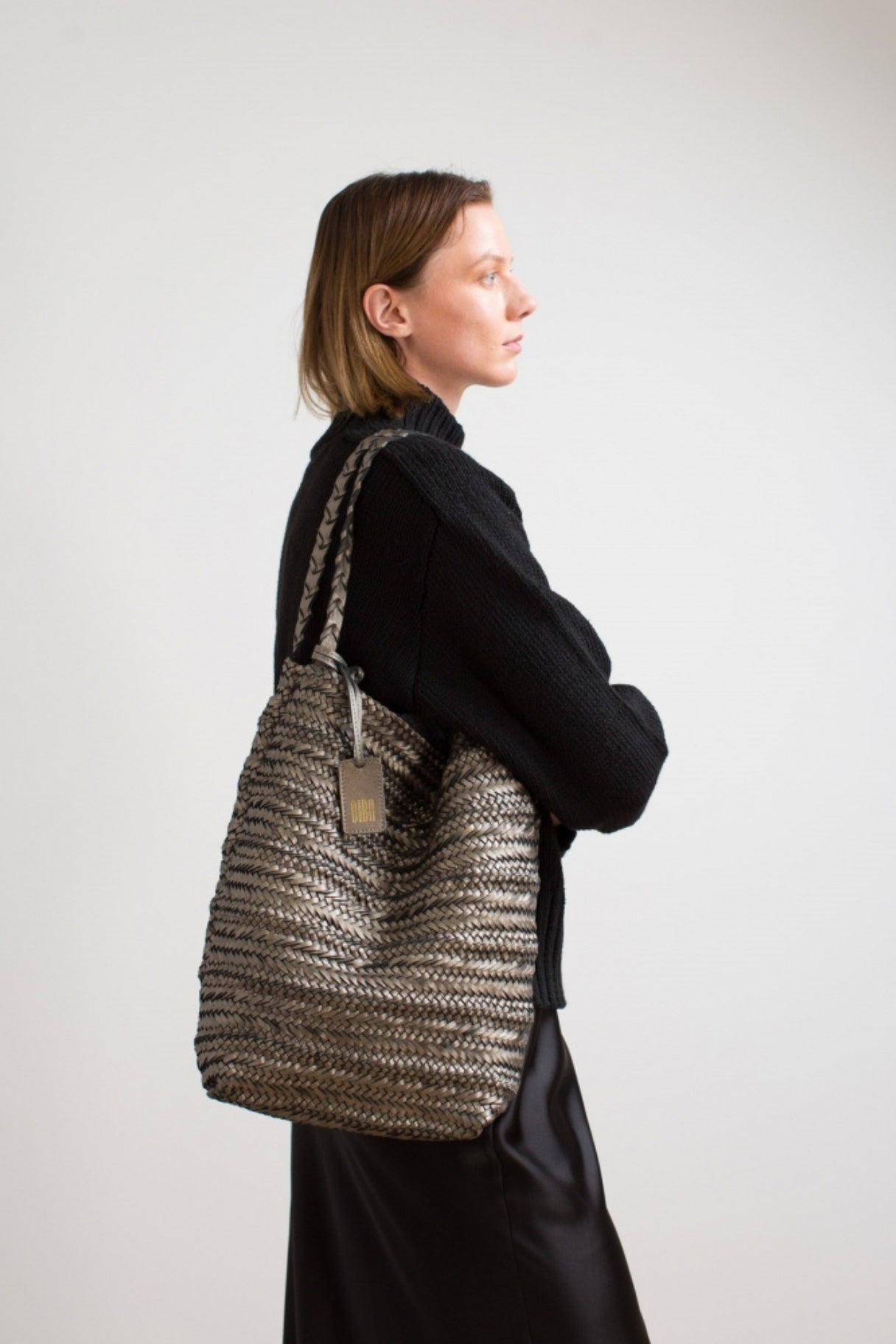 Biba Ruby - cabas tressé gris - Nappa maroquinerie