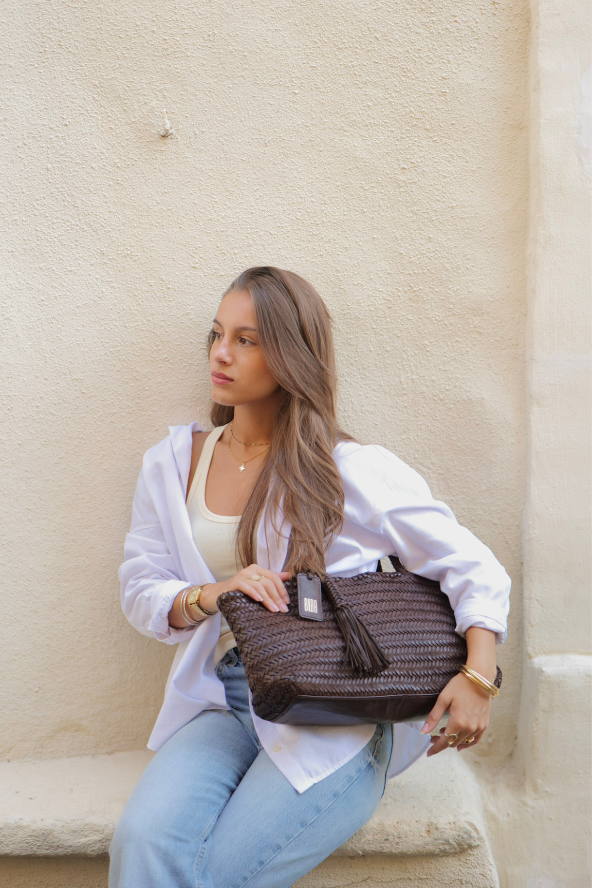 Sac à main en cuir tressé BIBA Perkins PER10L marron chocolat – vue de face