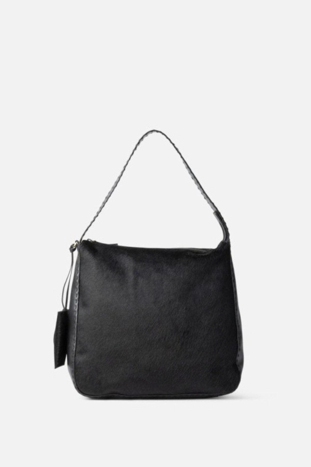 Sac Genola Biba en cuir de vachette à poils noir, 31 x 35 x 10 cm, fermeture zippée laiton
