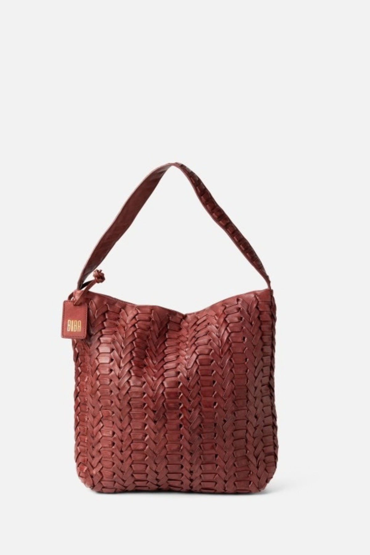 Sac hobo Biba en cuir de vachette tressé chevron rouge brique, anse tressée