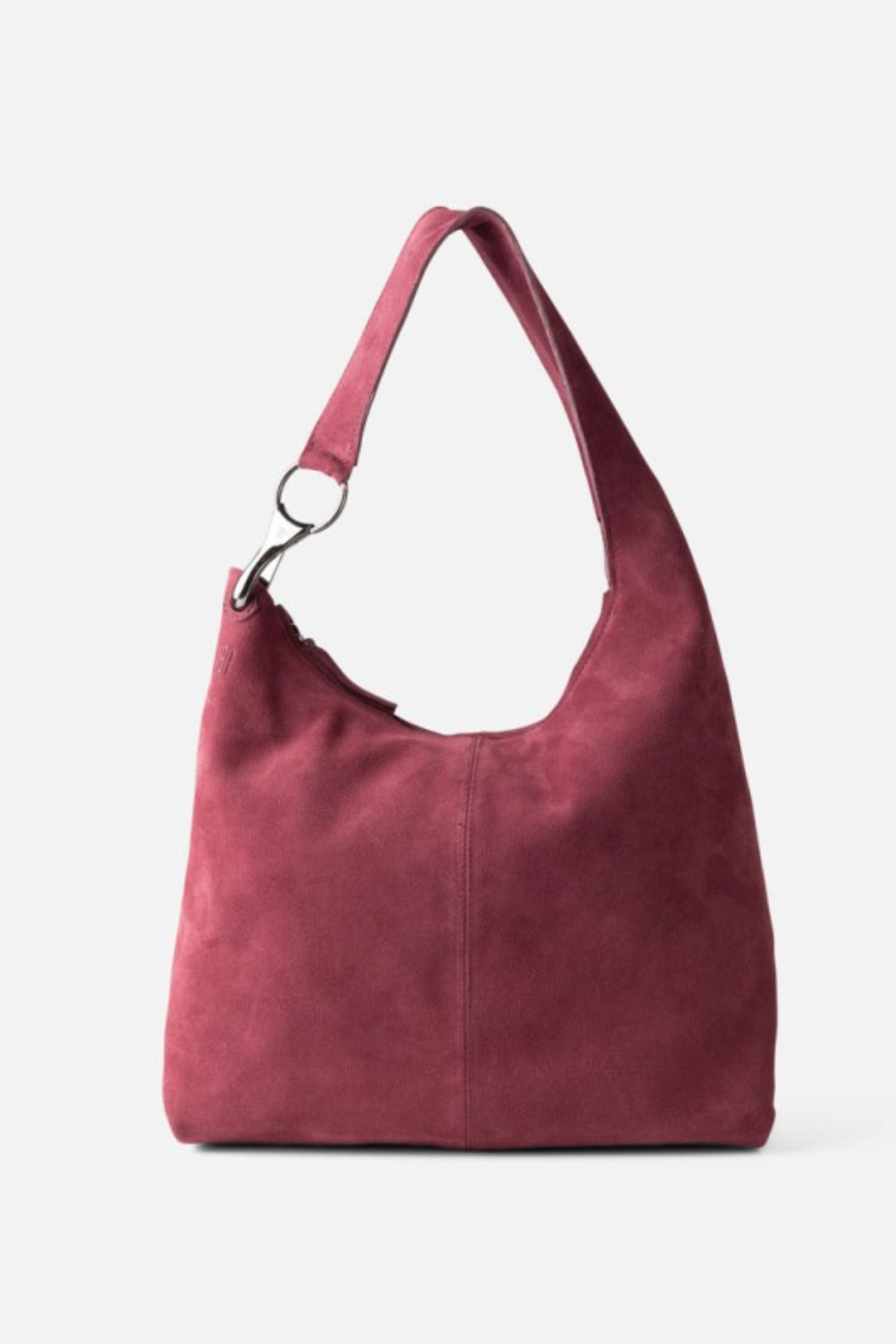 Sac hobo porté épaule en daim violet foncé Biba Jackpot, anse en cuir velours et mousqueton métal argenté