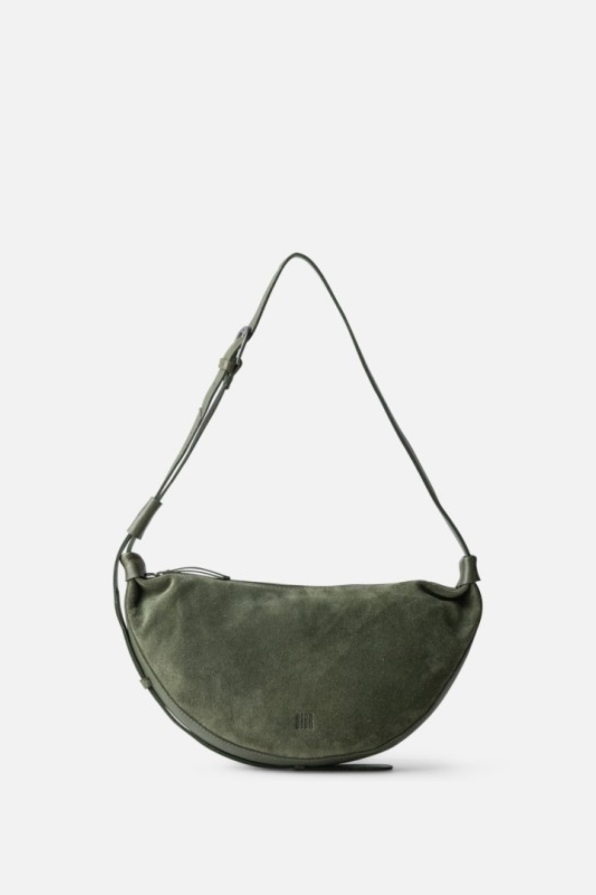 Sac Loa Biba en cuir daim de vachette vert kaki, forme demi-lune