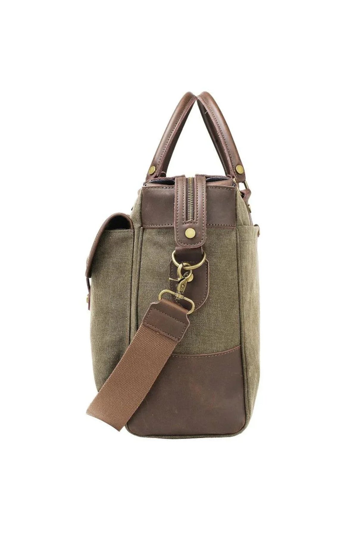 Sac ZEDE Austerlitz olive de profil, côté en cuir et bandoulière en toile