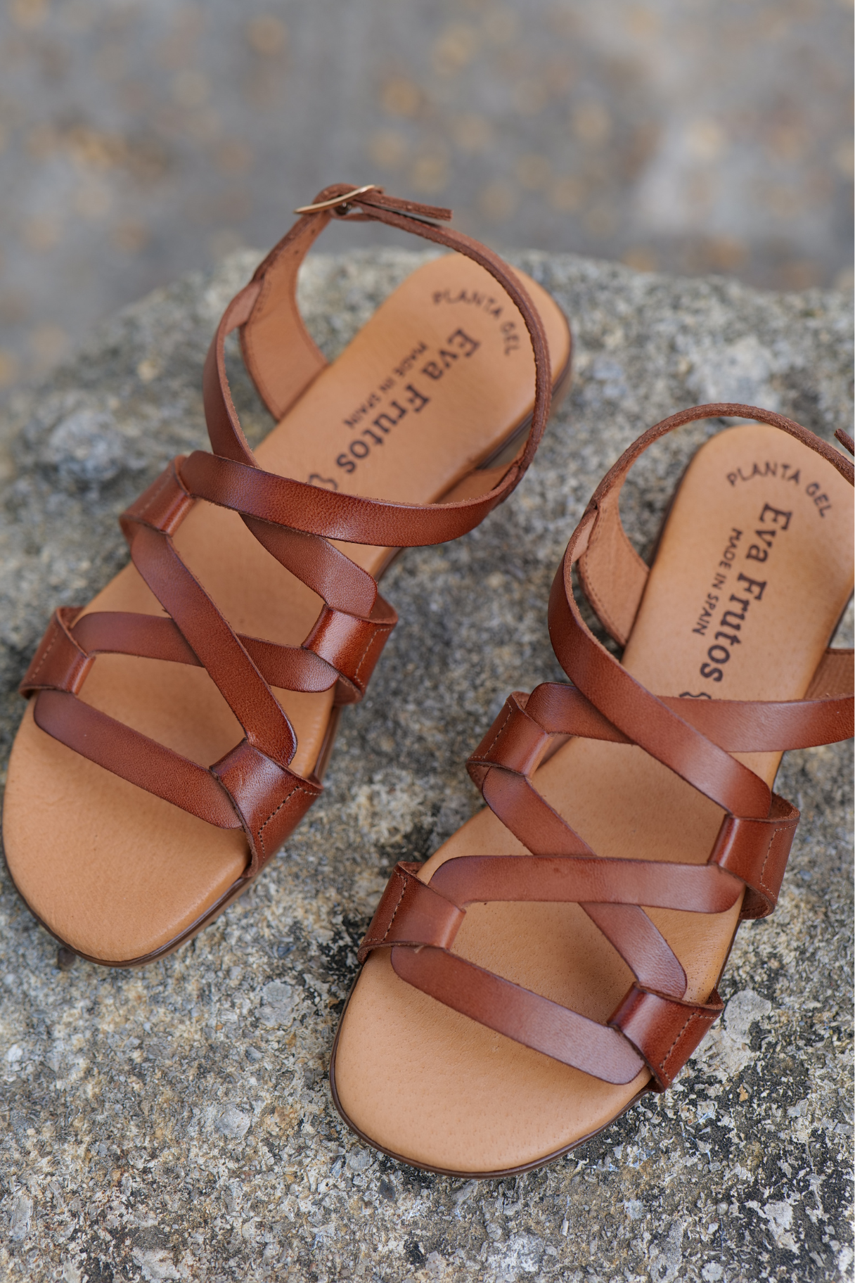 Sandales femme cuir camel Eva Frutos avec bride cheville et semelle gel confort