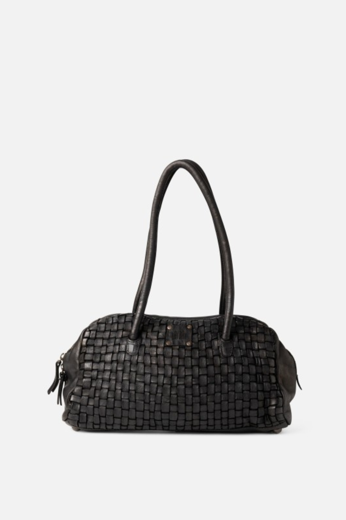 Sac baguette en cuir tressé main noir Biba Kansas, anses en cuir lisse