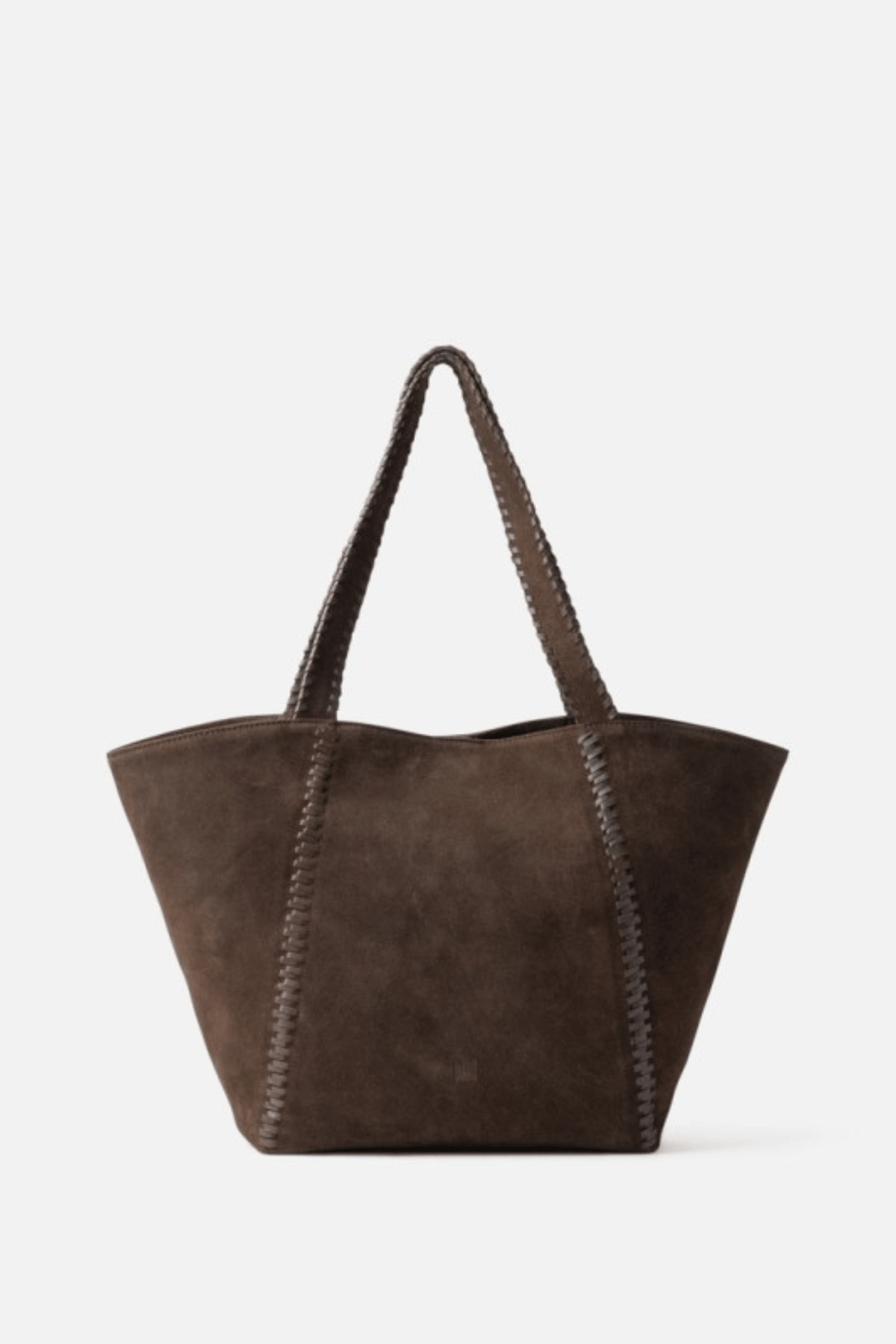 Grand sac cabas en croûte de cuir velours marron foncé Biba Narrows, vue de face, anses surpiquées