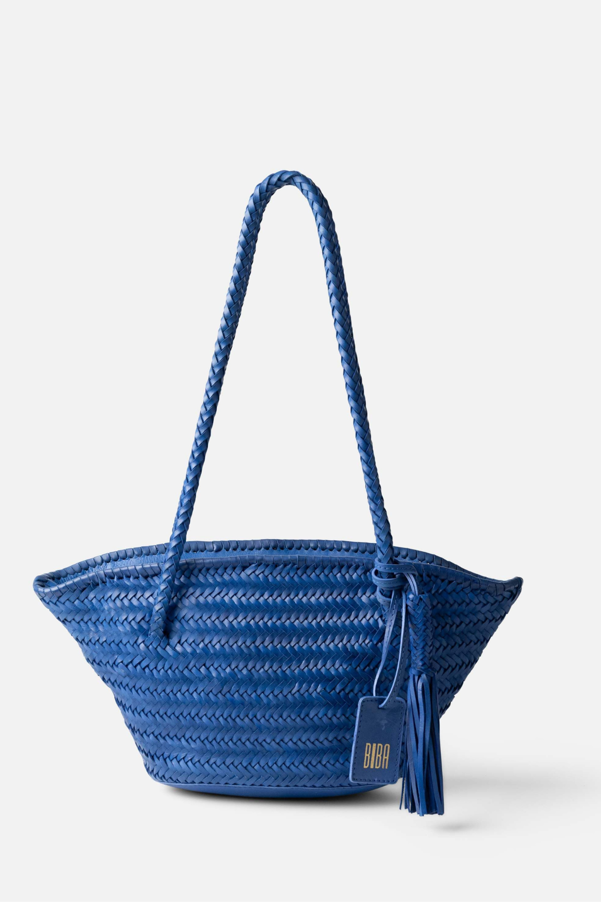 Panier BIBA en cuir tressé bleu roi avec anses tressées et pompon décoratif