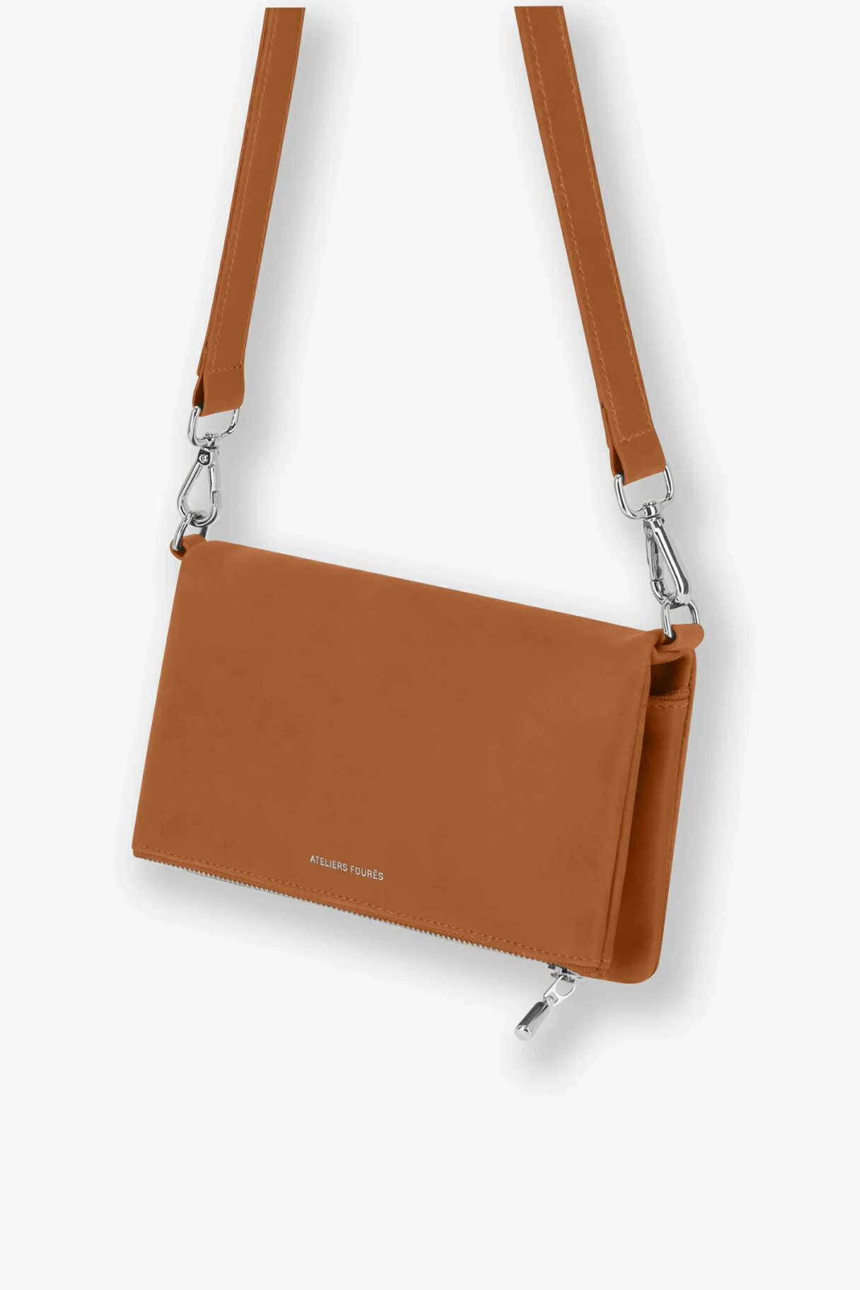 Pochette femme Mycène cuir cognac vue trois quarts avec bandoulière toile et cuir
