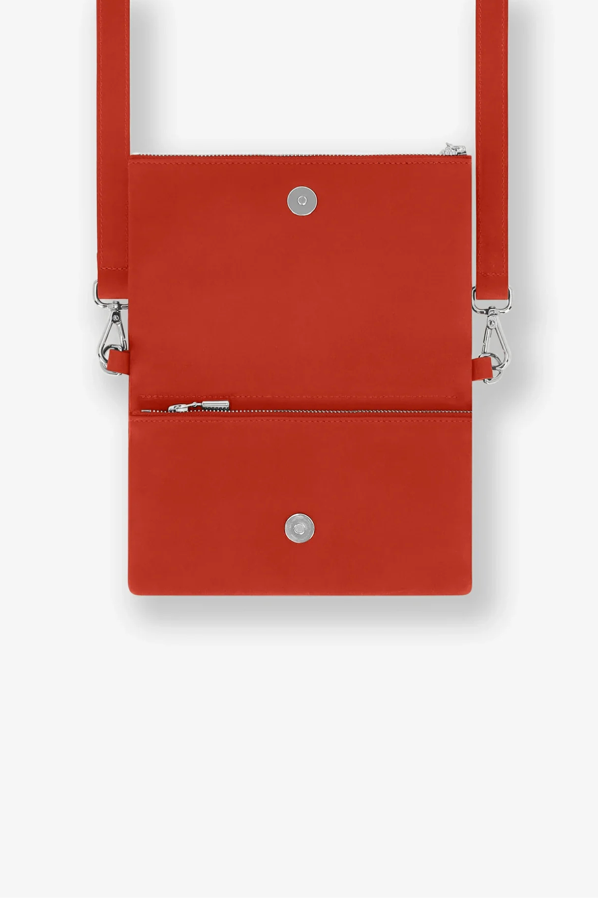 Intérieur de la pochette Mycène orangé avec rabat magnétique et poches zippées