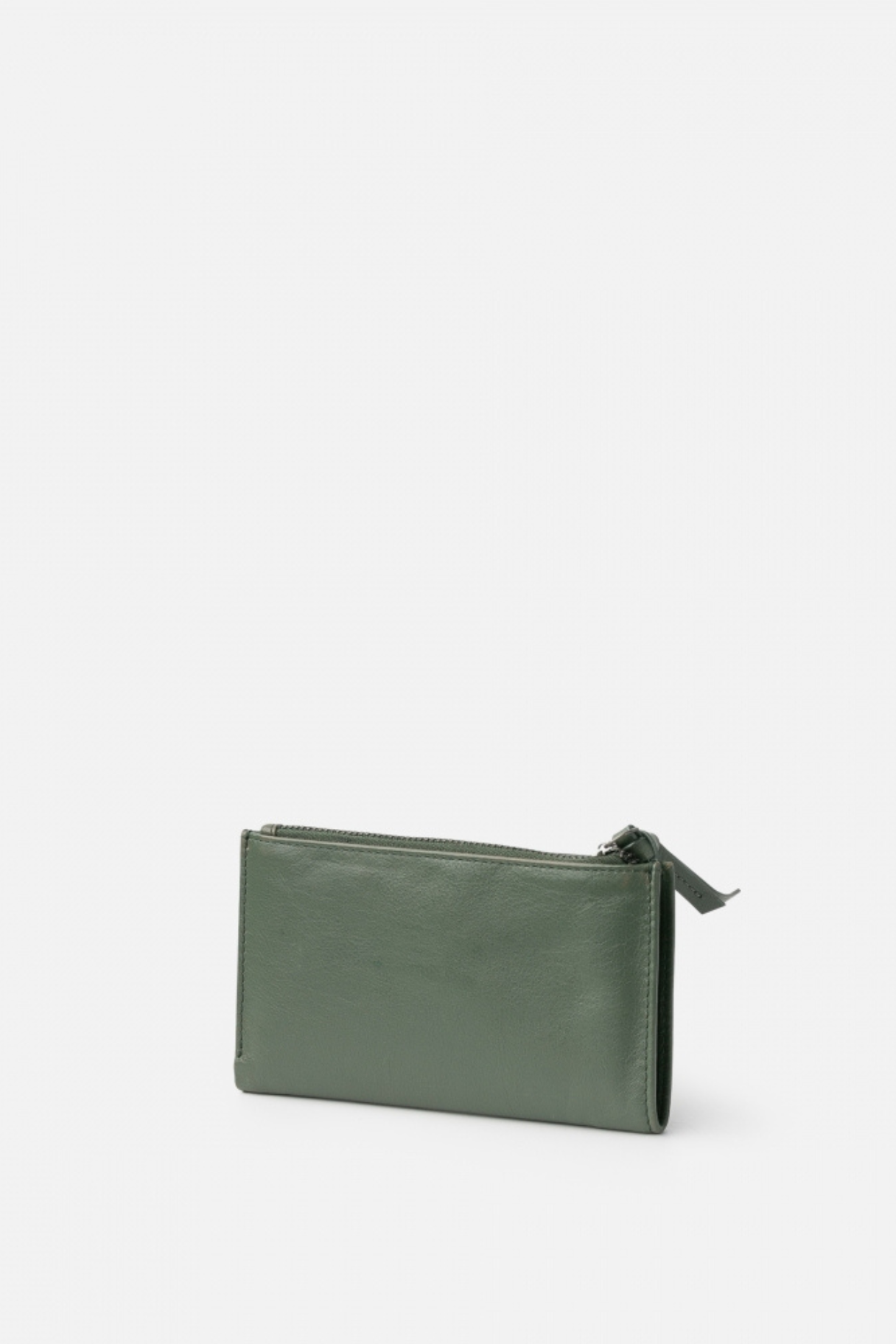 Portefeuille BIBA en cuir vert kaki vue arrière avec tirette en cuir