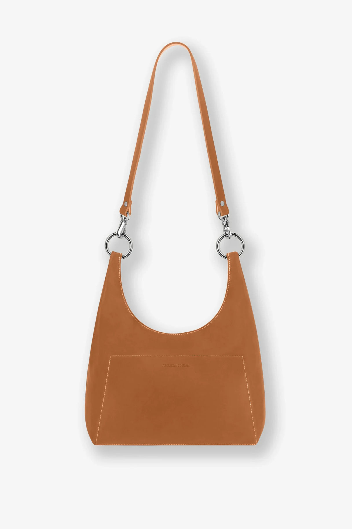 Sac Amazone cuir cognac Ateliers Fourès avec bandoulière courte cuir, porté épaule, made in France