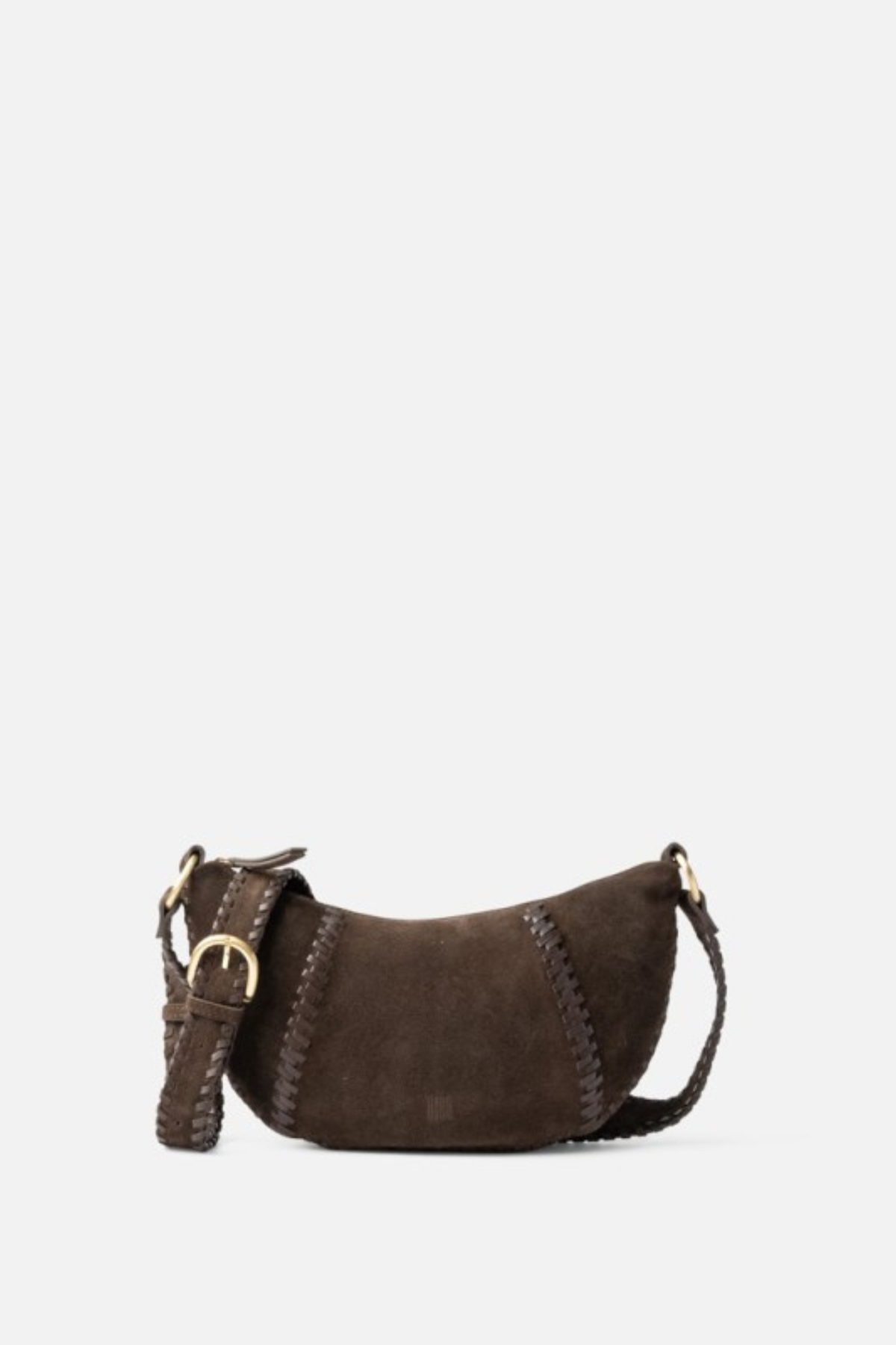 Sac bandoulière Narrows Biba en cuir velours de vachette marron, lanière réglable à boucle dorée, 33 x 16 cm