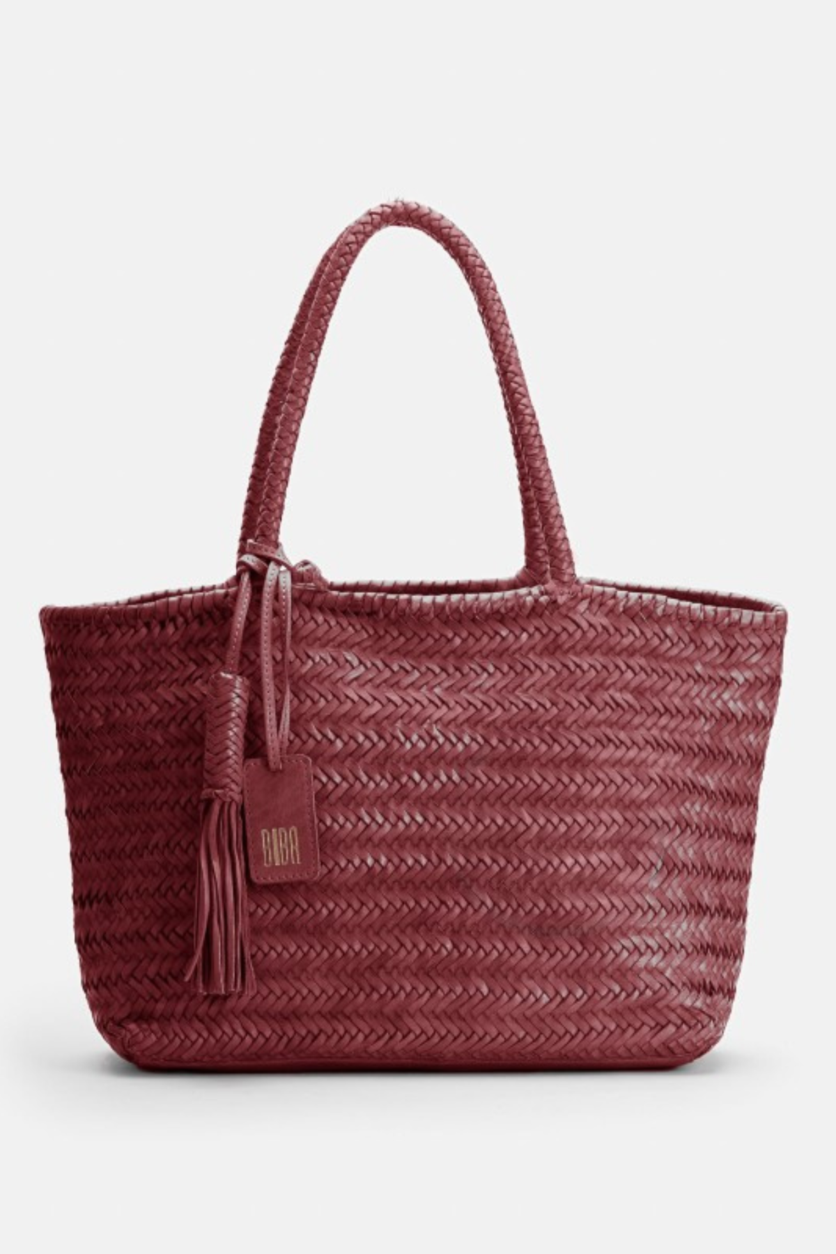 Cabas en cuir tressé bordeaux Biba Perkins, vue de face, anses tressées, pompon et étiquette en cuir
