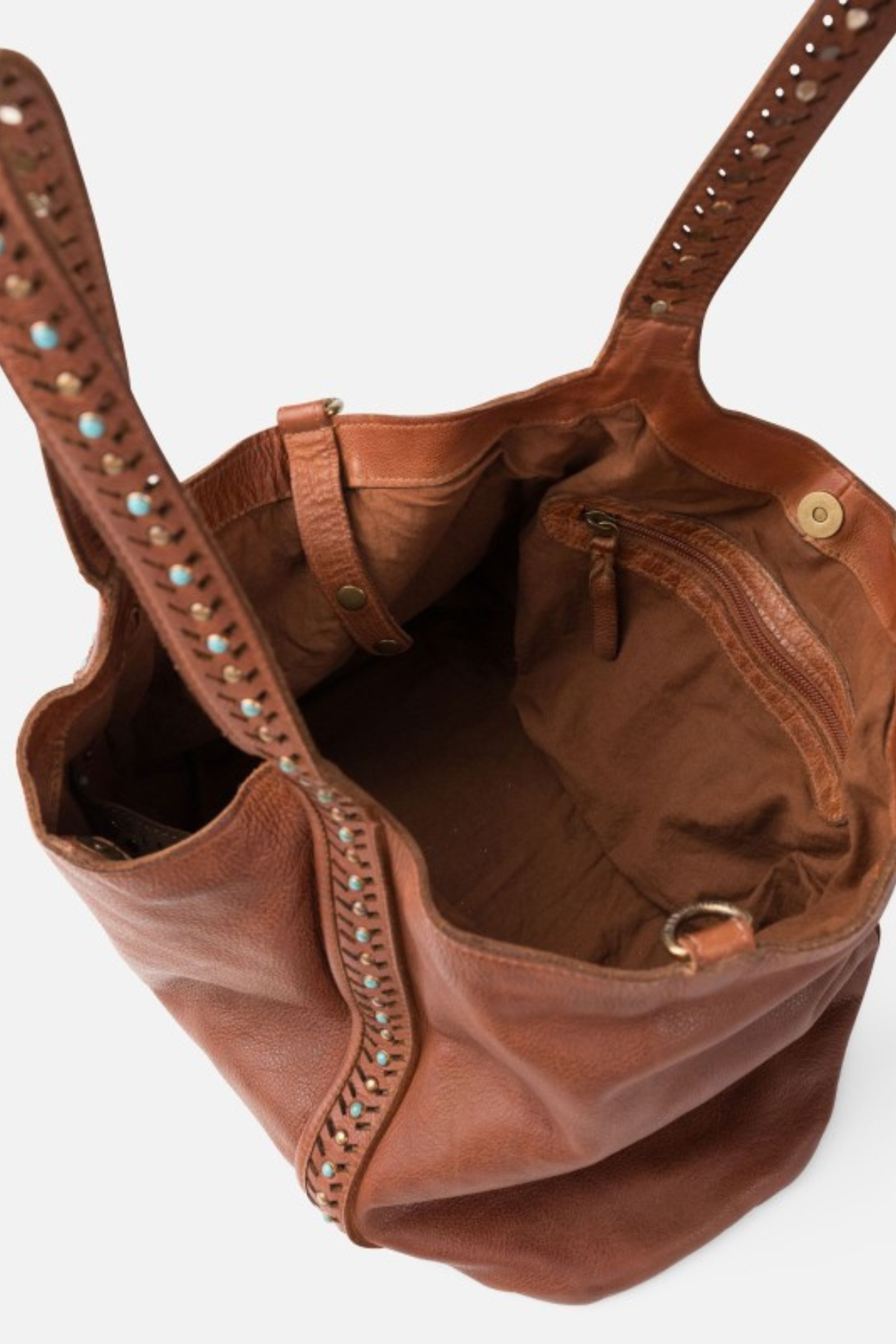Intérieur du sac cabas Winkler Biba avec poche zippée, doublure coton et sangles latérales