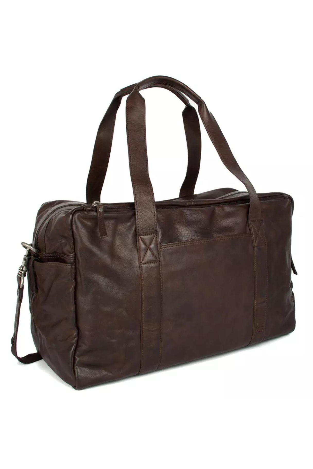 Sac de voyage cuir Brian marron foncé Spikes & Sparrow vue de profil avec bandoulière amovible