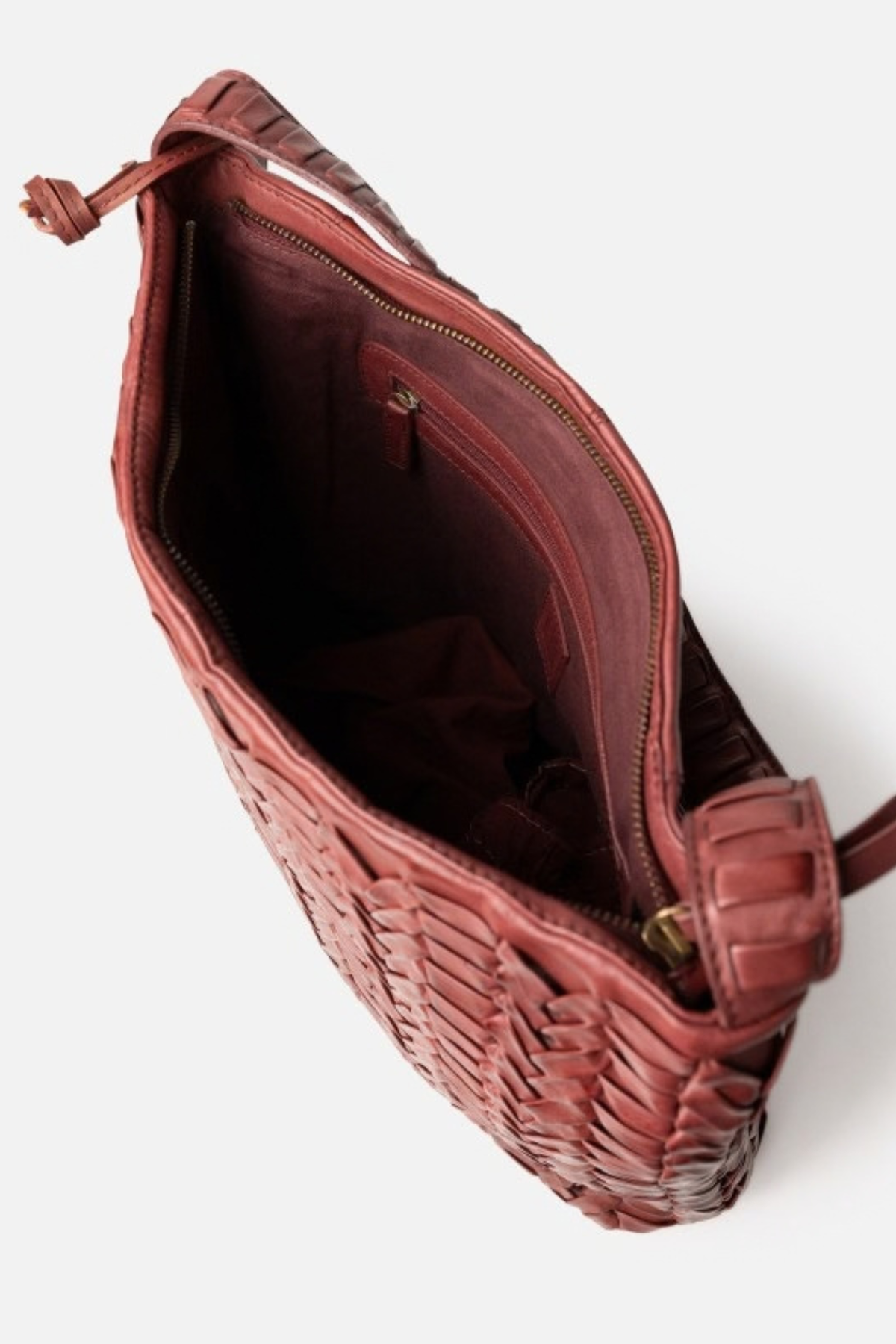 Intérieur du sac Elk Biba bordeaux : poche zippée et doublure coton
