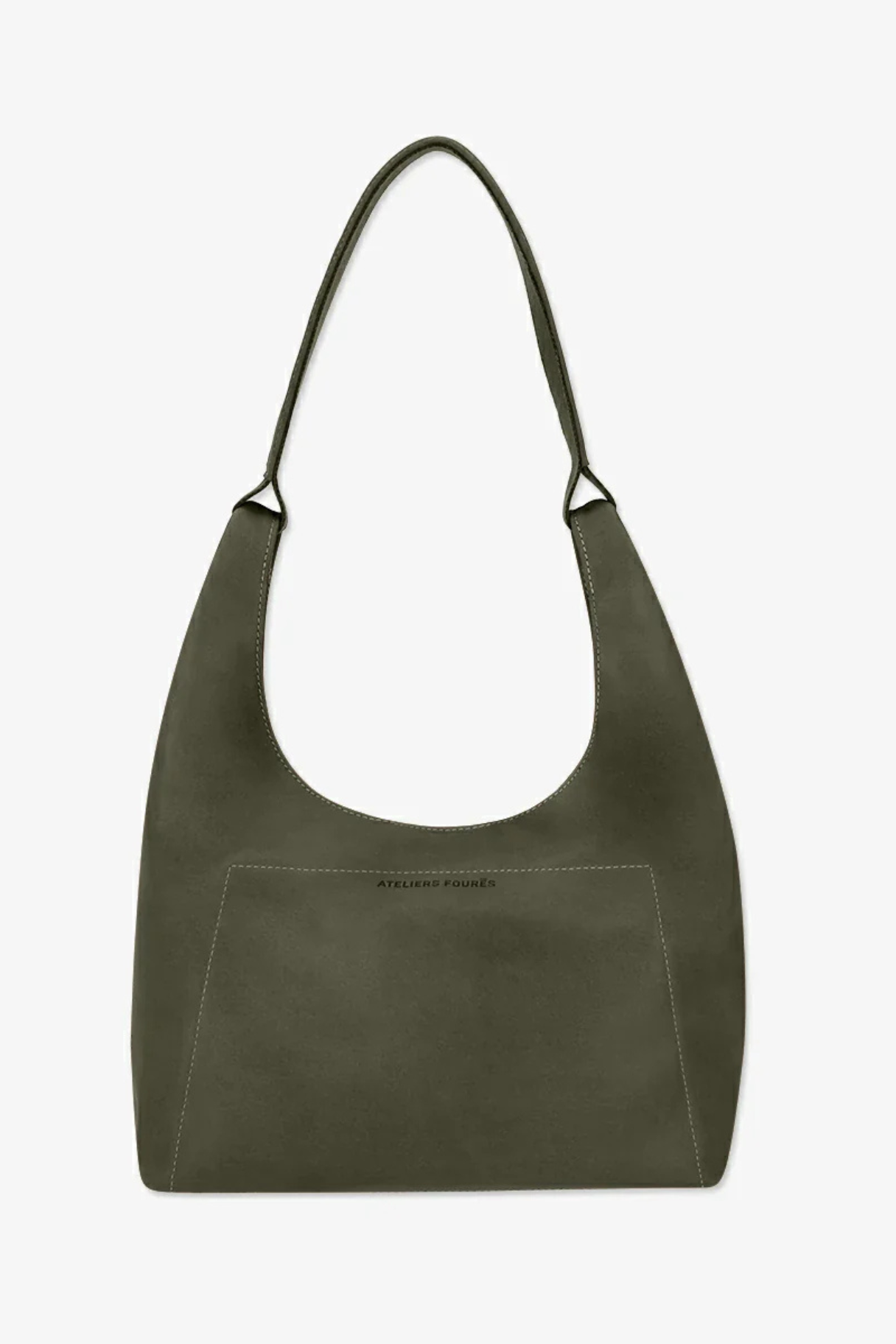 Sac hobo Ateliers Fourès en cuir nubuck kaki avec poche frontale et surpiqûres contrastantes