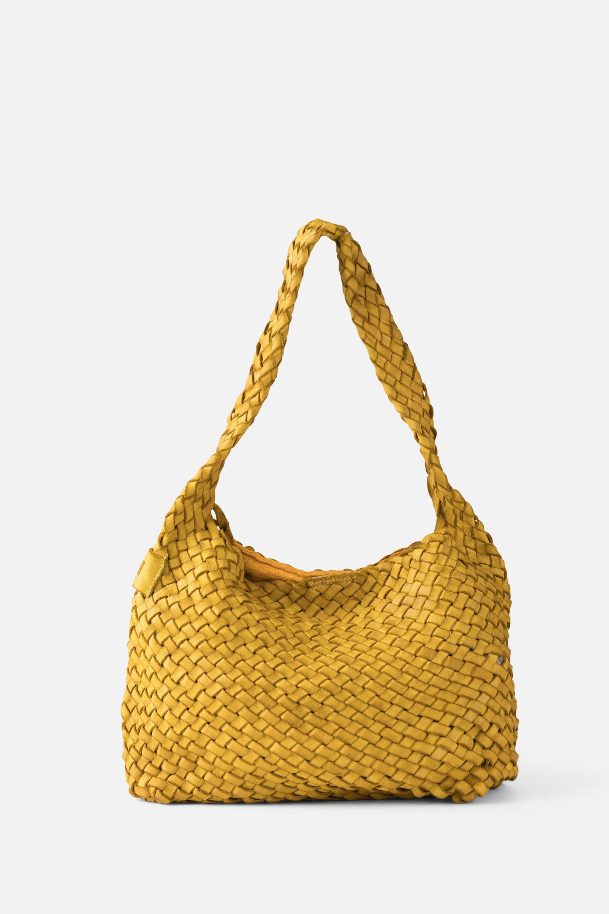 Sac hobo en cuir tressé jaune moutarde avec anse tressée, modèle souple format moyen