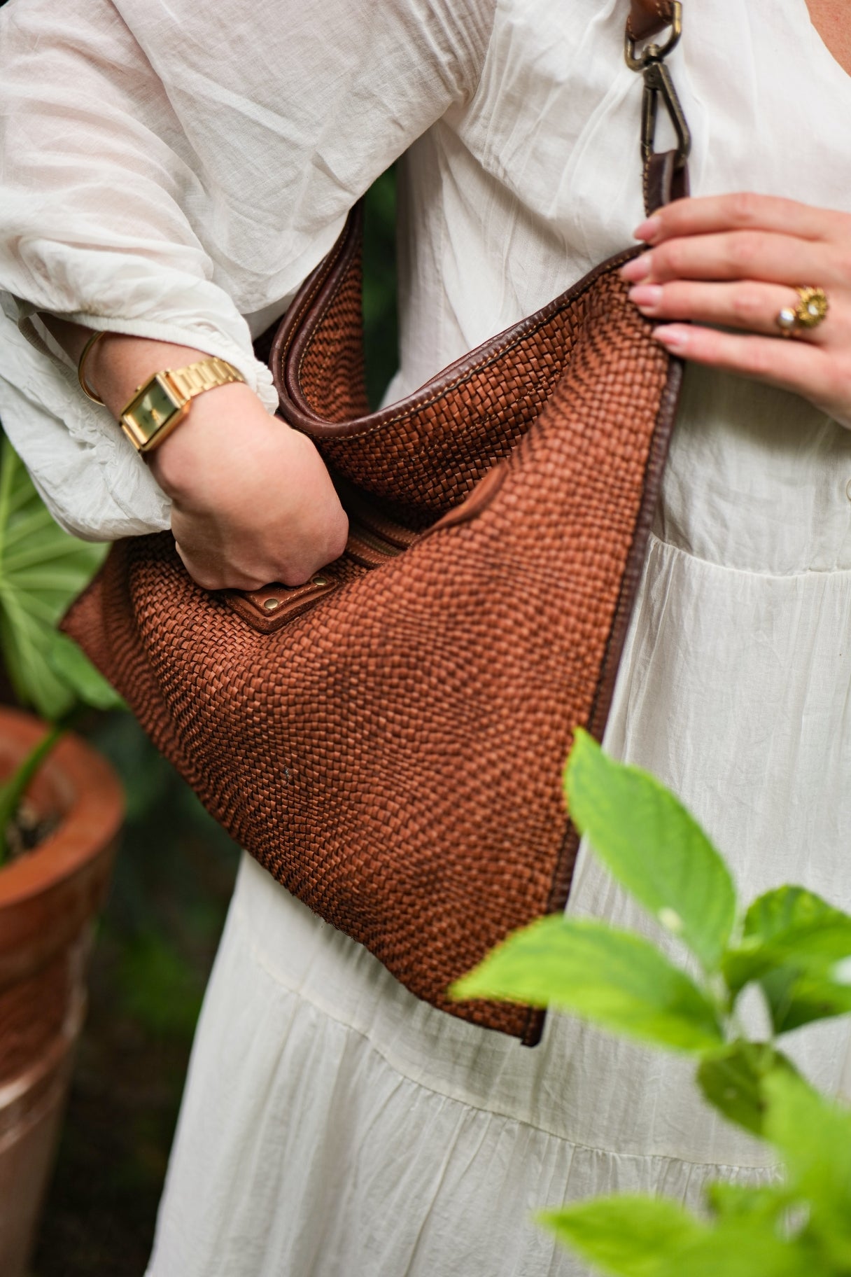 Sac à main Bayside en cuir tressé cognac - unique et fonctionnel