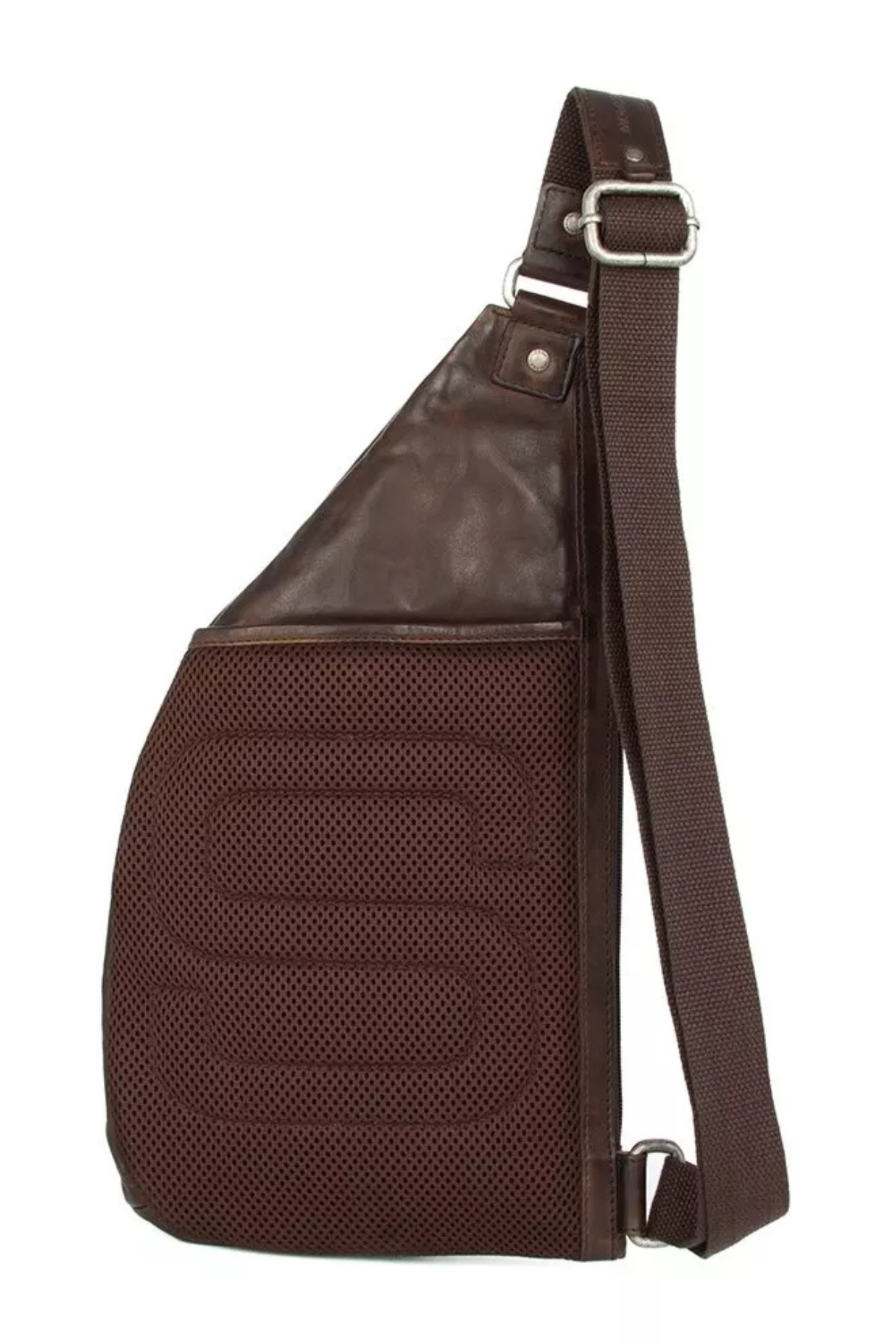 Dos mesh respirant et logo S du sling bag Reese marron foncé Spikes & Sparrow